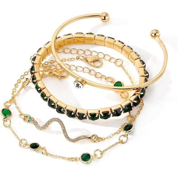 4 Piece Gold Bracelets Set Dainty for Women 14K Plated Link Cubic Zirconia - Picture 2 of 7